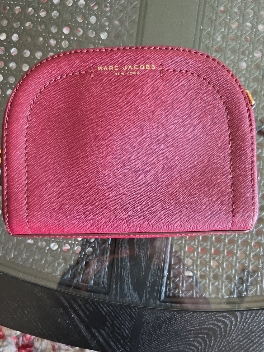 Marc Jacobs Raspberry Saffiano Cosmetic Pouch with Gold Logo